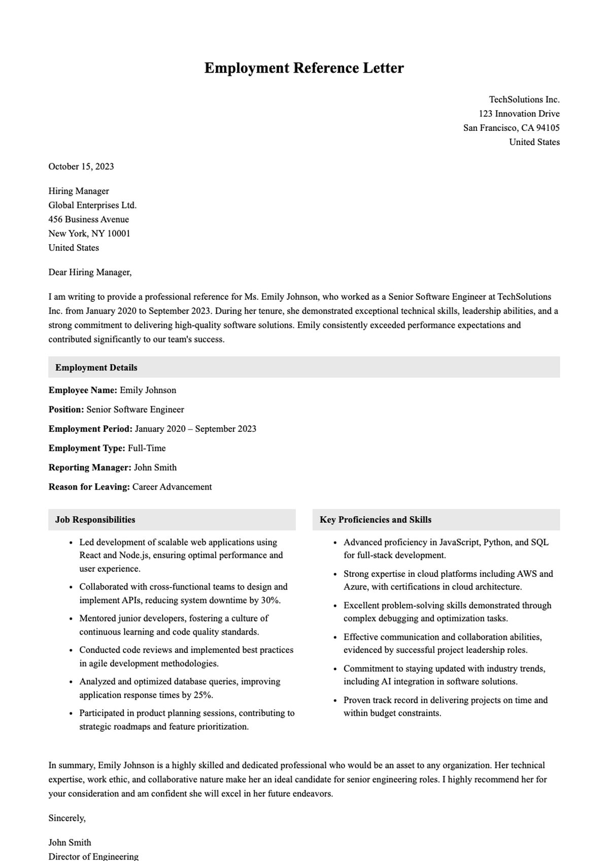 Employment reference letter sample with detailed job responsibilities and supervisor signature_variant_3